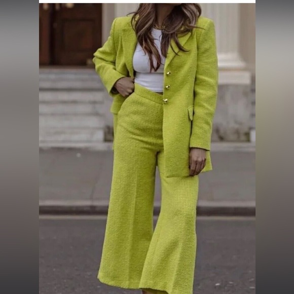 BRAND NEW ZARA textured weave blaze and pants lime blazer - Picture 1 of 9
